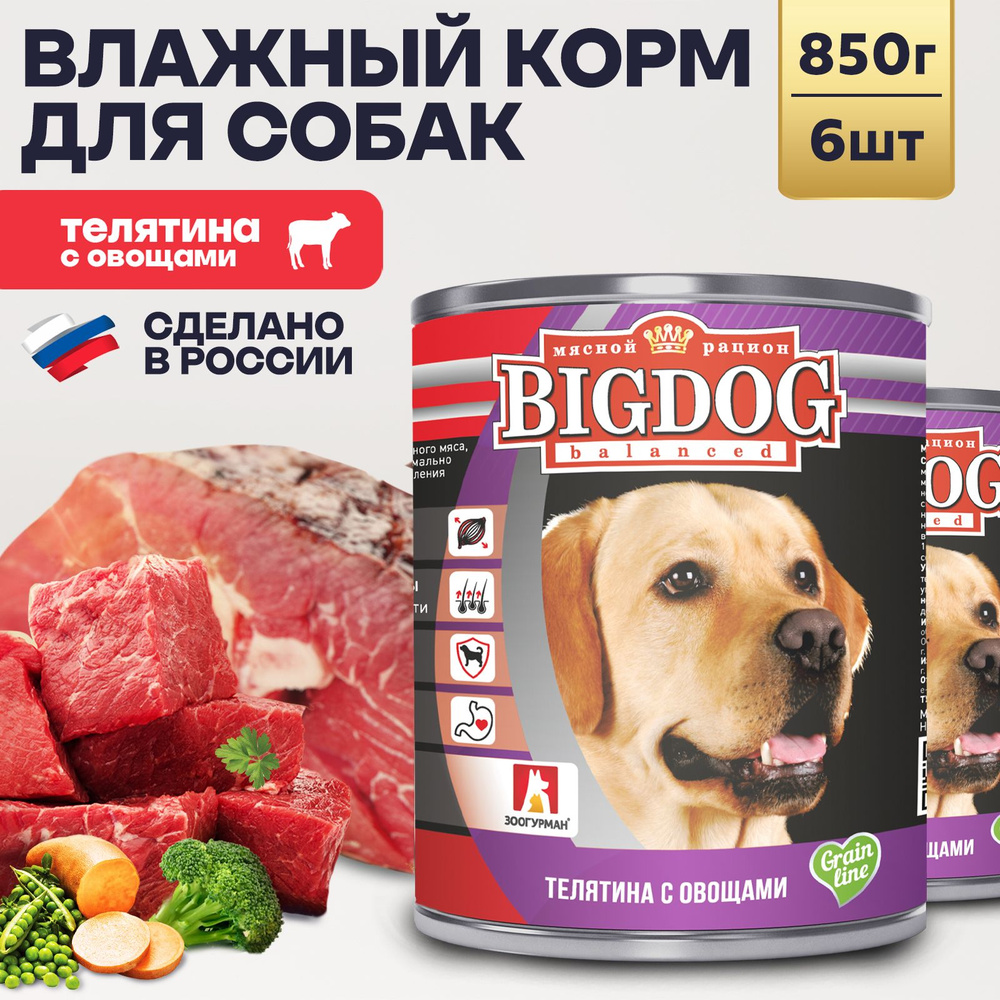 Корм влажный для собак консервированный Зоогурман ПРЕМИУМ Big Dog Телятина с Овощами, 850 г х 6 шт  #1