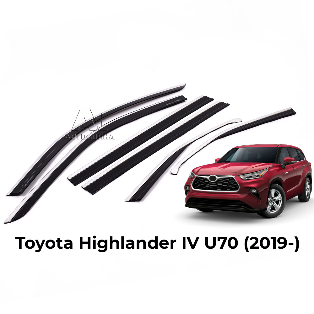 Дефлекторы боковых окон для Toyota Highlander 4 U70 (Тойота Хайлендер) 2019-, ветровики с хром молдингом, #1