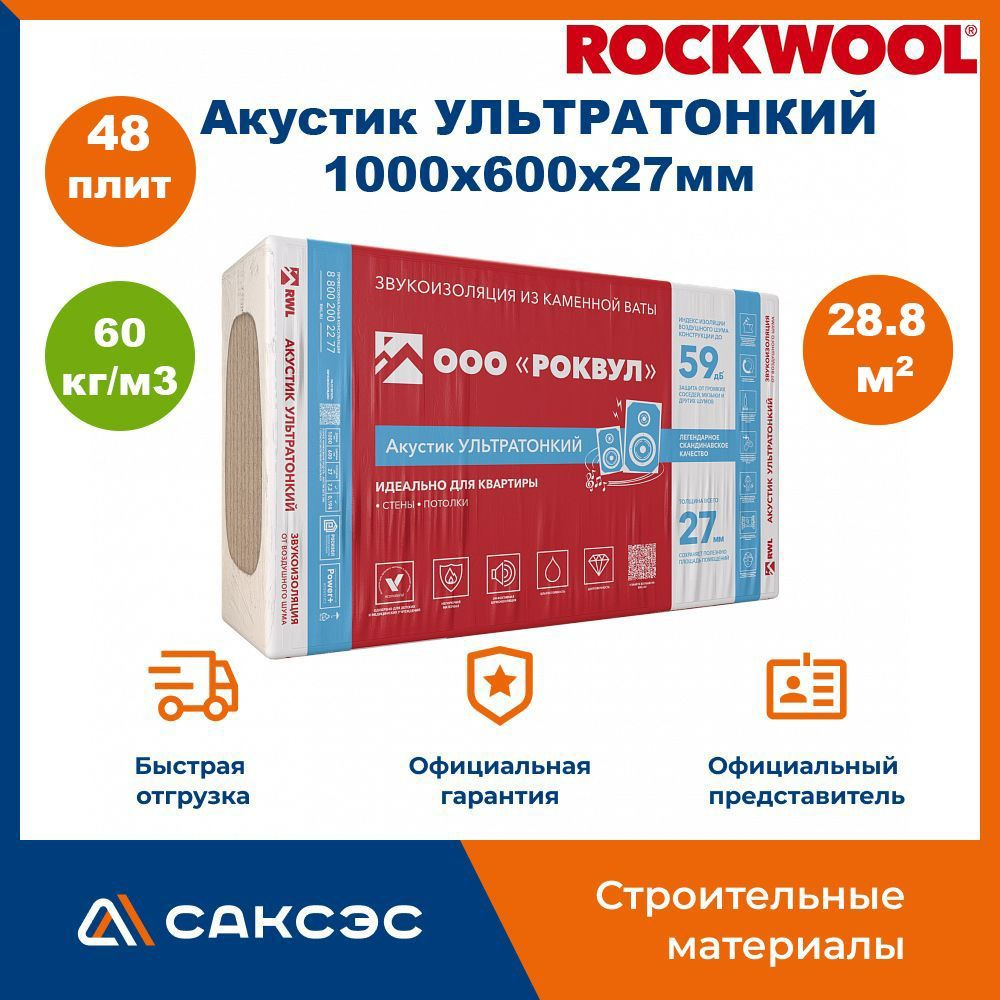 Звукоизоляция для стен из каменной ваты ROCKWOOL Акустик Ультратонкий, 1000 х 600 х 27 мм, 48 плит, 28.8м2 #1