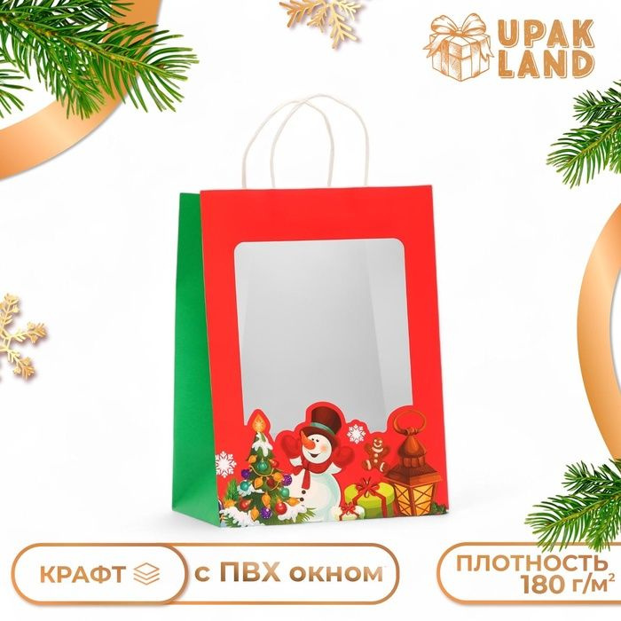 Пакет подарочный новогодний с окном Снеговик30 х 22 х 14 см. 12 шт.  #1