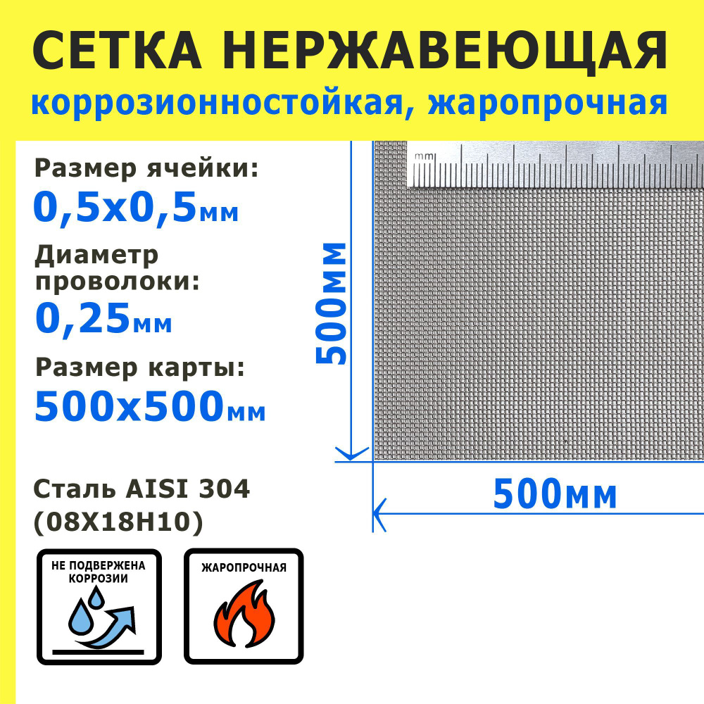 Сетка нержавеющая 0,5х0,5х0,25 мм для фильтрации, защиты от насекомых, грызунов. Сталь AISI 304 (08Х18Н10). #1