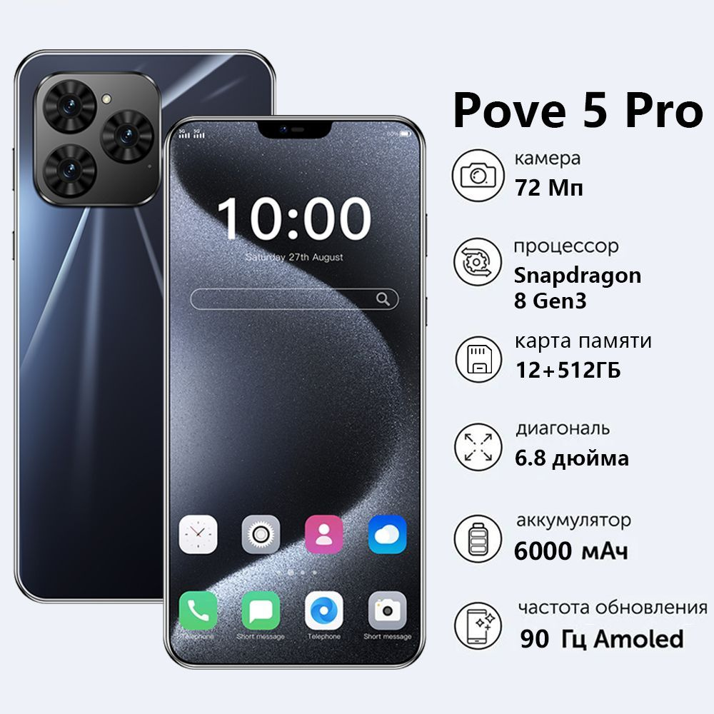 Смартфон Pove 5 Pro Смартфон русской версии сеть 4g, Wi-FI+ GPS + Bluetooth, мощные игровые ф Ростест #1