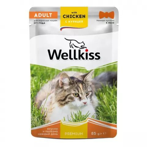 12 шт Wellkiss Adult Влажный корм (пауч) для взрослых кошек, с курицей в желе, 85 гр.  #1