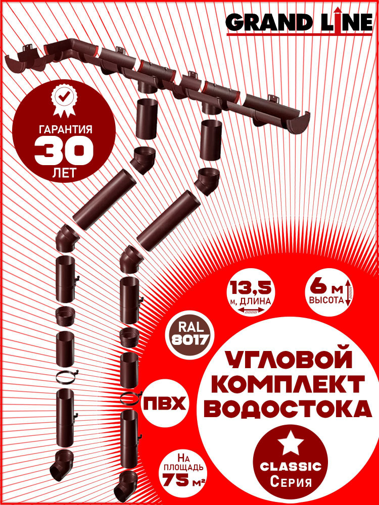 Угловой/прямой комплект водостока Grand Line на 13,5 м карниза (120мм/90мм) высота 6 м, две воронки коричневый #1