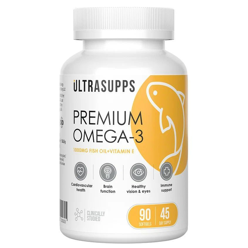 Омега 3 премиум 90 капсул UltraSupps, рыбий жир высокой концентрации, Omega-3 Premium для мужчин и женщин, #1