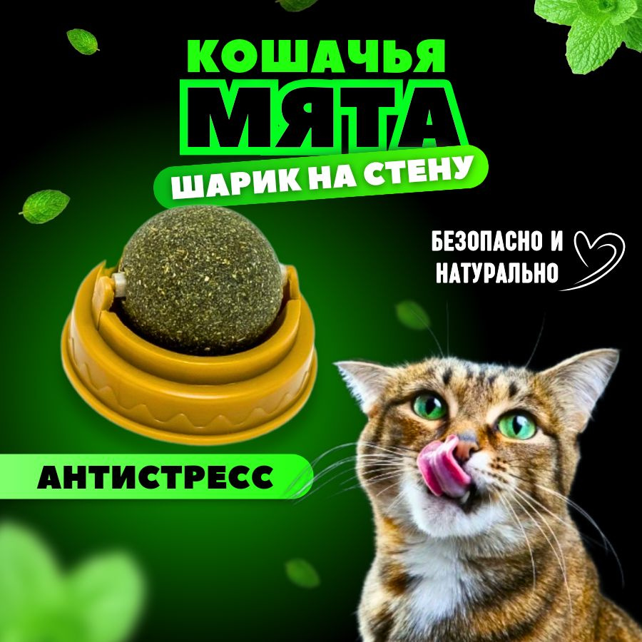 Кошачья мята - настенная игрушка шарик для кошек состоит  из натурального ингредиента - трава мята, которая измельчена и спрессована в шар. Особенности: кошачья мята является продуктом безопасным, чистым и без использования химических веществ, пестицидов или наполнителей.