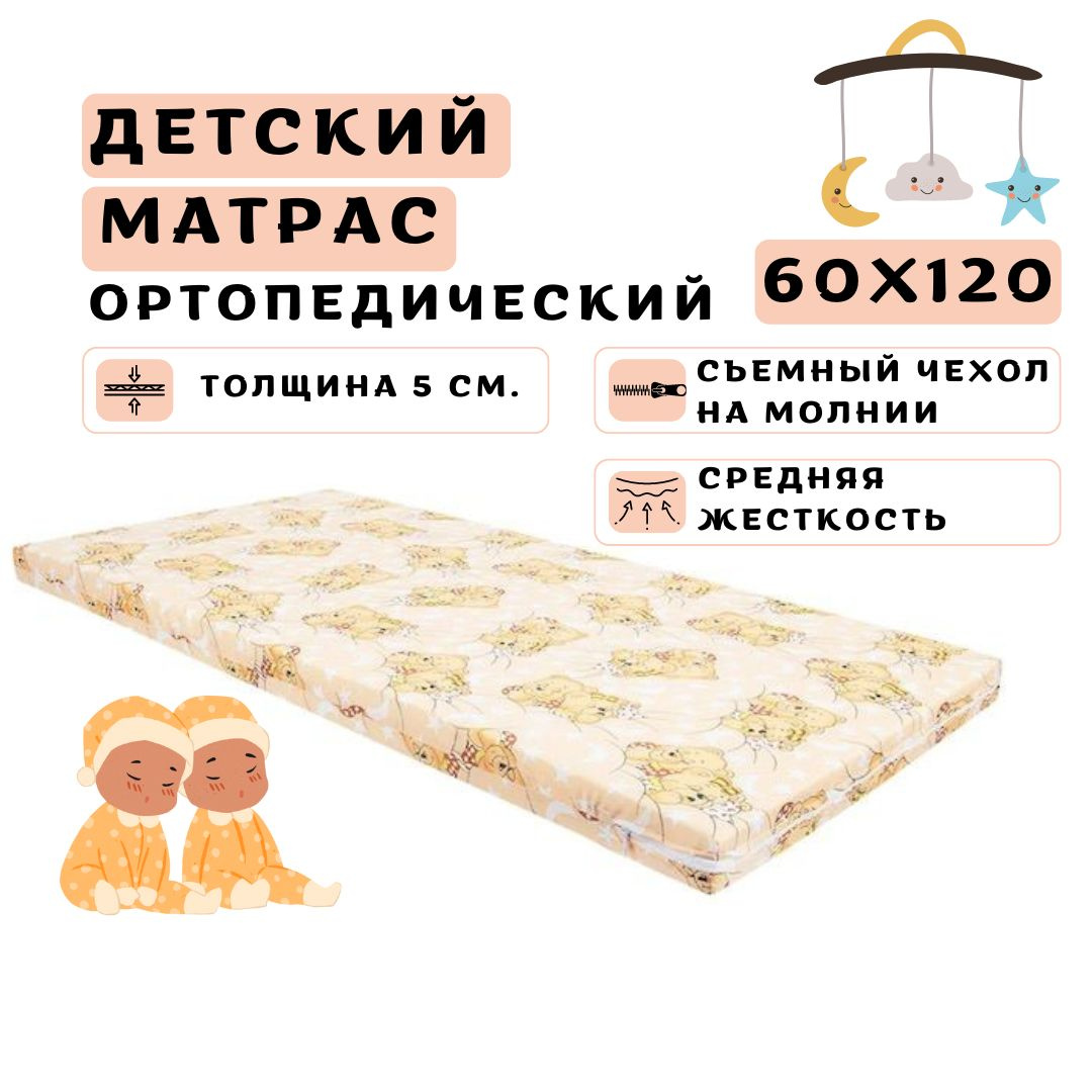 Матрас для детей на кровать 60х120 см. высотой 5 см. Детский матрас 60х120 см. высотой 5 см. идеально подходит для стандартных детских кроваток. Размеры матраса для новорожденных позволяют без проблем уместить его в кроватку и обеспечить максимальный уровень комфорта и безопасности во время сна. Материал пенополиуретан, используемый в качестве наполнителя матраса, является гипоаллергенным и не вызывает аллергических реакций у детей. Это особенно важно, учитывая чувствительность детской кожи и дыхательной системы. Съемный чехол матраса изготовлен из полиэстера, что делает его прочным и устойчивым к износу. Полиэстер легко стирается, поэтому вы без труда сможете поддерживать гигиенический уровень матраса на высоком уровне. Матрас для детей также не боится влаги, что делает его удобным в использовании при непредвиденных ситуациях. 