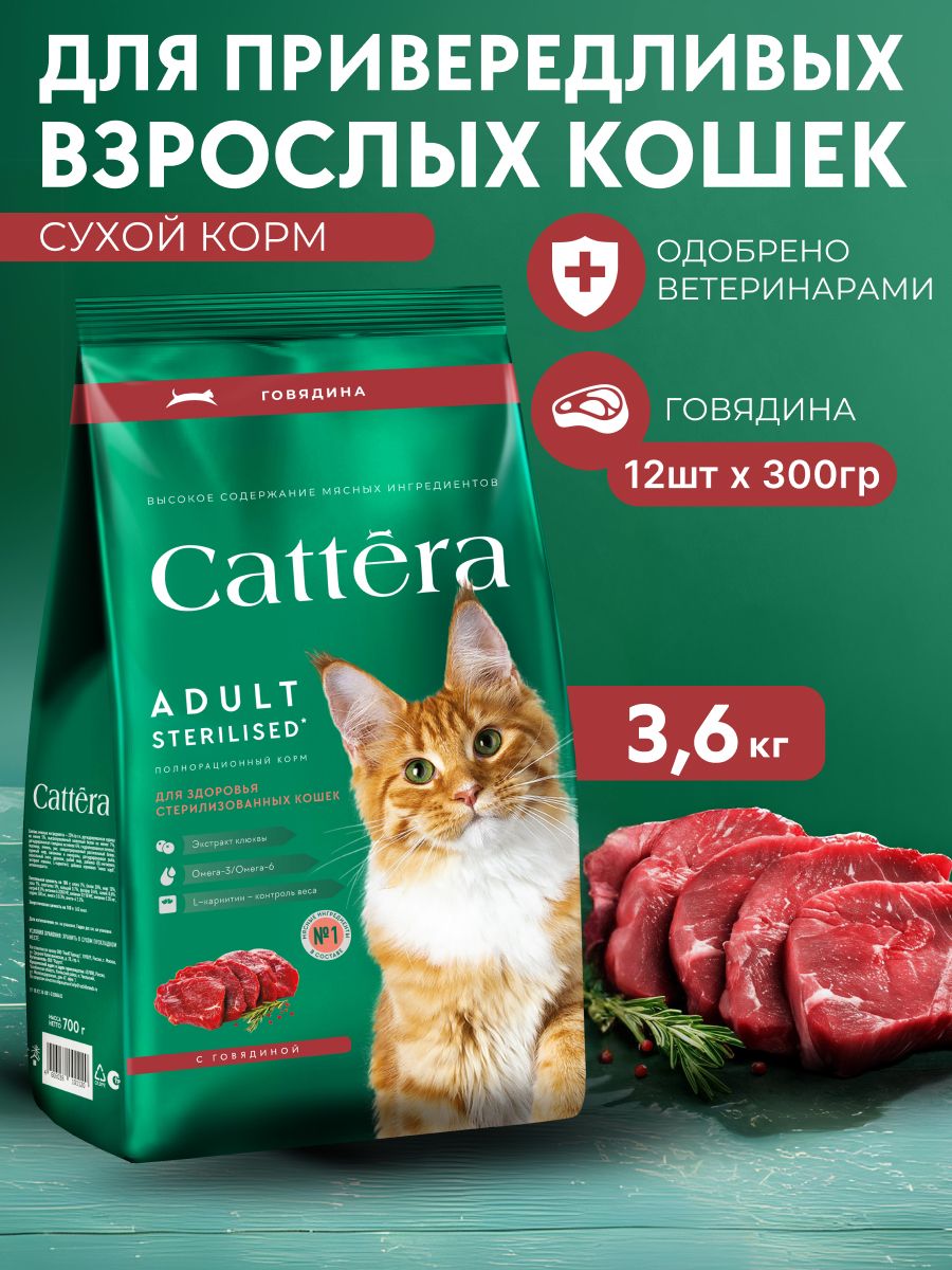 СухойполнорационныйкормдлявзрослыхпривередливыхкошекCATTERAсговядиной,300гр,12шт