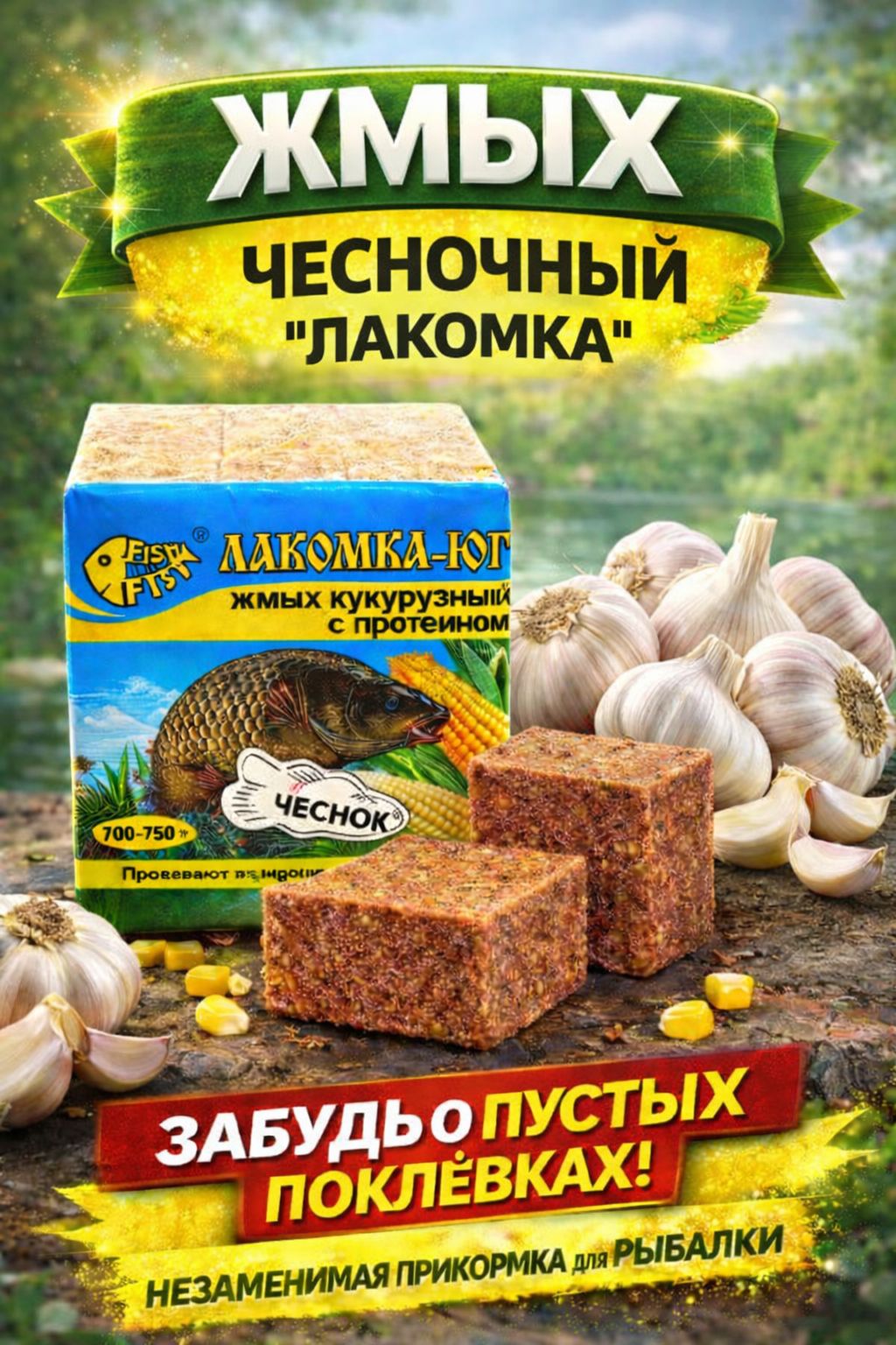 ЖмыхкукурузныйспротеиномЛакомка-"Чеснок"20кубиков,кукурузныйспротеином,прикормкадлякарпаикарася