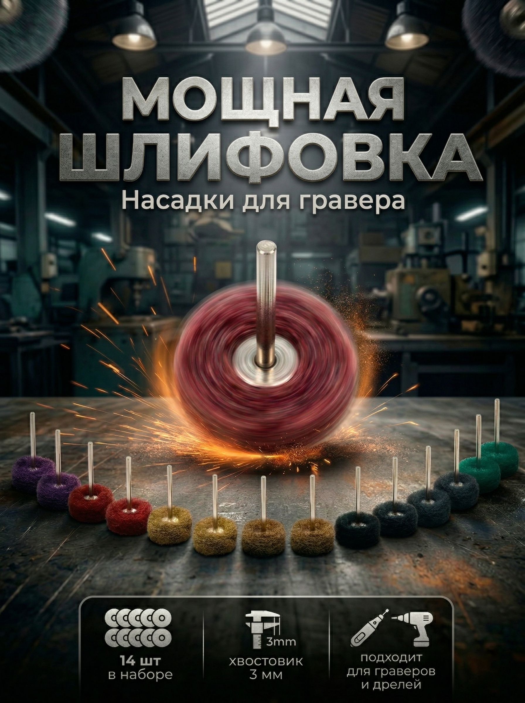 Шлифовальныенасадкидлягравера14шт25ммпометаллустеклулакудеревуипластикускотчбрайт