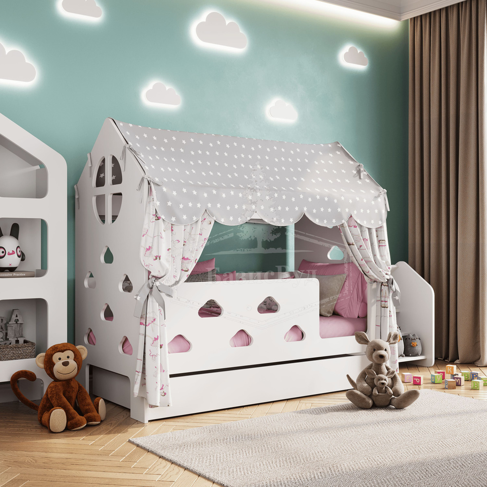 Кровать-домик, Детская кроватка с бортиком под матрас 160х80, БазисВуд "Облачка" с текстилем (серый, #1
