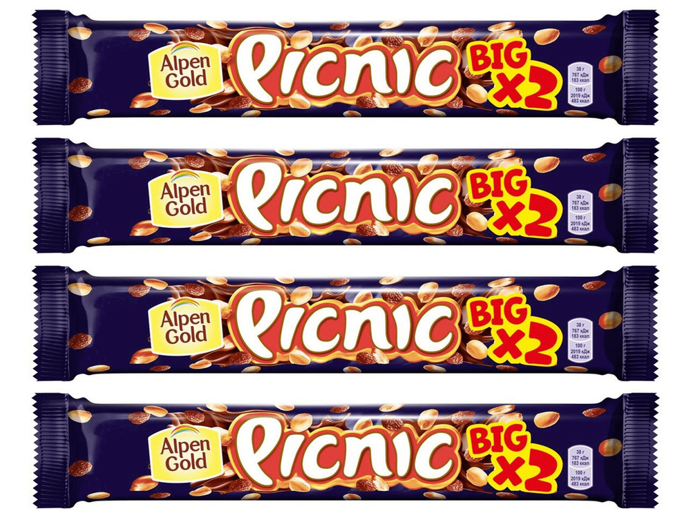 Шоколадный Батончик Picnic Big Шоколадный С Арахисом И Изюмом, 4 шт по 76 г  #1