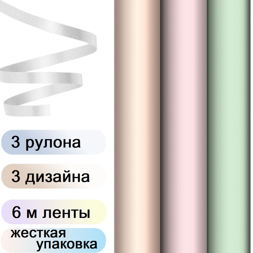 Упаковочная бумага для подарков 3 рулона по 70х100 см, 3 цвета MESHU Пастельные тона, с белой декоративной #1