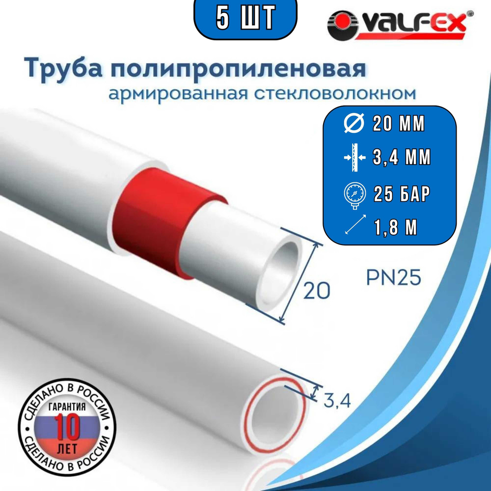 Труба 20х3,4 мм (5шт отрезков по 1,8 м) армированная стекловолокном полипропиленовая PN25 PPR-PRO Valfex #1