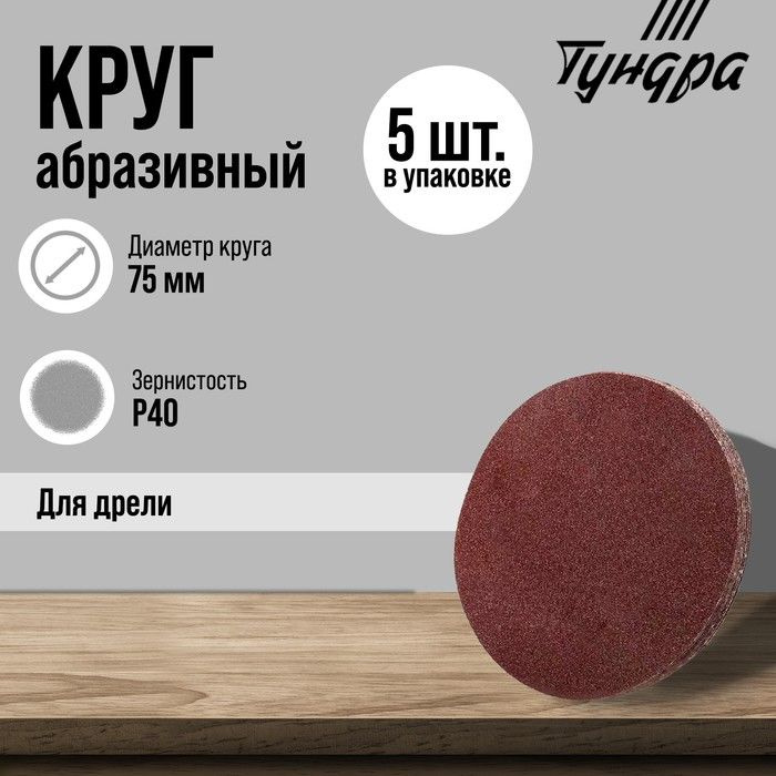 Круг абразивный шлифовальный ТУНДРА, для дрели, М8, 75 мм, P40, 5 шт.  #1