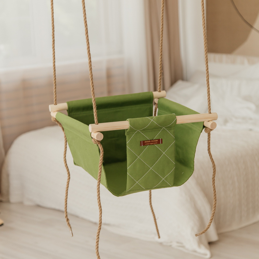 Качели подвесные детские тканевые с ремнем безопасности для дома и дачи без подушки цвет Зеленый  #1