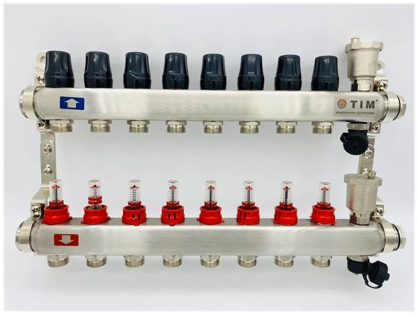 коллекторная группа для теплого пола 8 выходов с расходомерами, из нержавеющей стали TIM KCS5008  #1
