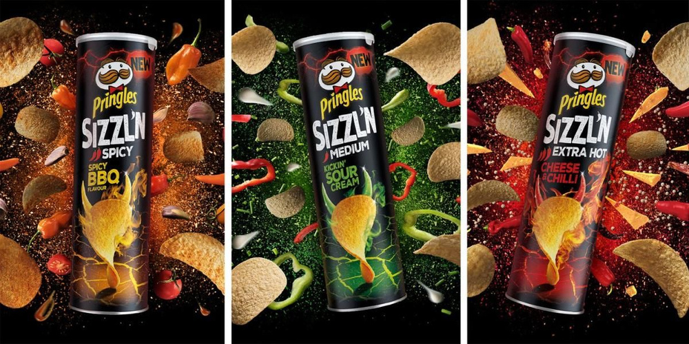 Набор из трех острых вкусов Pringles Sizzl'n (Убойная сметана, Острый BBQ, Сыр и перец чили) Бельгия #1