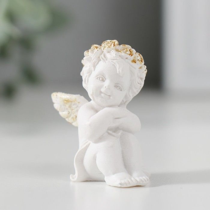 Сувенир "Ангелочек с ручками на коленках сидит" белый с золотом 4х3х2 см  #1