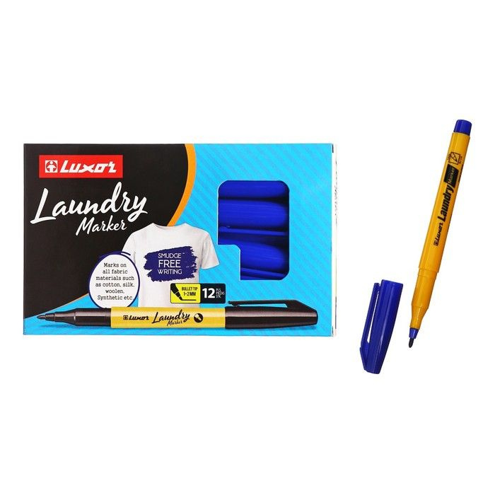 Маркер перманентный для ткани, прачечных 1-2 мм Luxor "Laundry", пулевидный, синий, 12 штук  #1