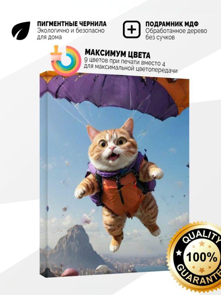 Картина на холсте 50x70 кот парашютист #1