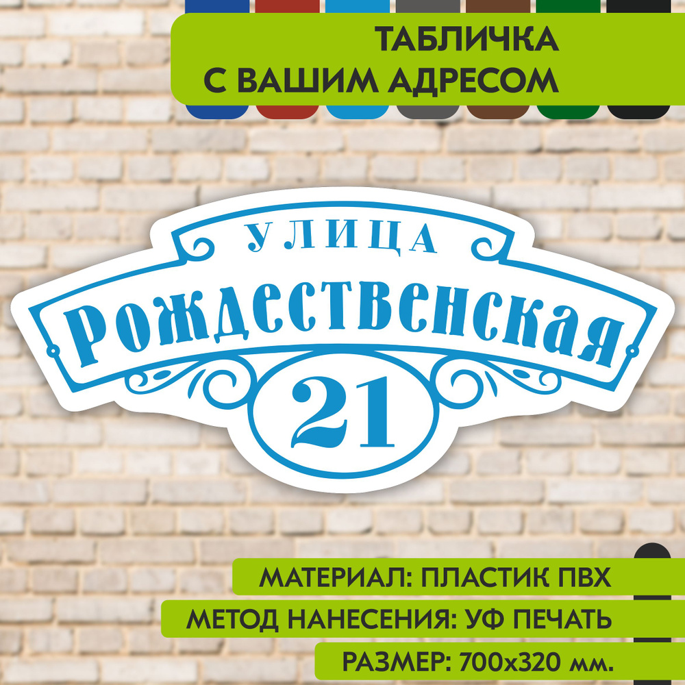 Адресная табличка на дом "Домовой знак" бело-голубая, 700х320 мм., из пластика, УФ печать не выгорает #1