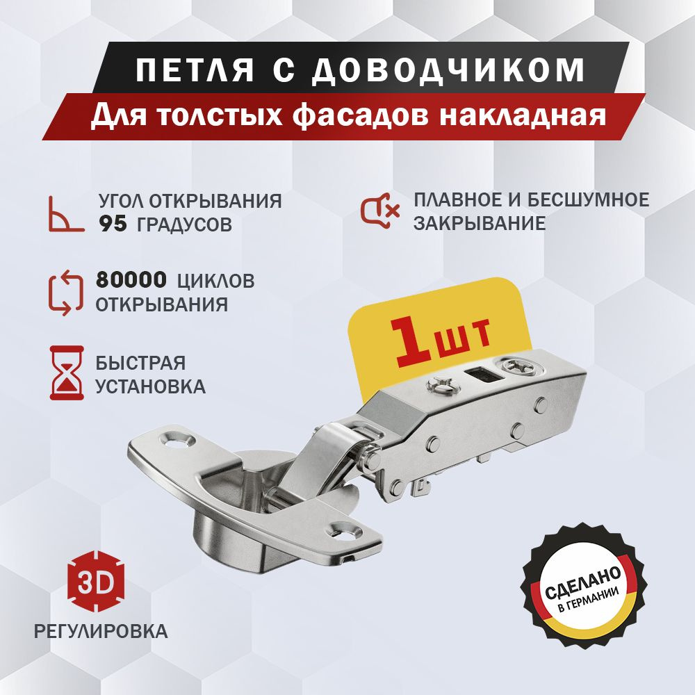 Петля мебельная Hettich Sensys 8631i для толстых фасадов накладная, угол открывания 95 градусов, Clip-on, #1