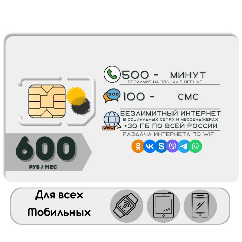 SIM-карта Комплект Сим карта Безлимитный интернет в социальных сетях и мессенджерах 600 руб. 30 гб в #1