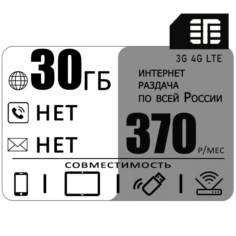 SIM-карта Сим карта c интернетом и раздачей, 30ГБ за 370р/мес (Вся Россия)  #1