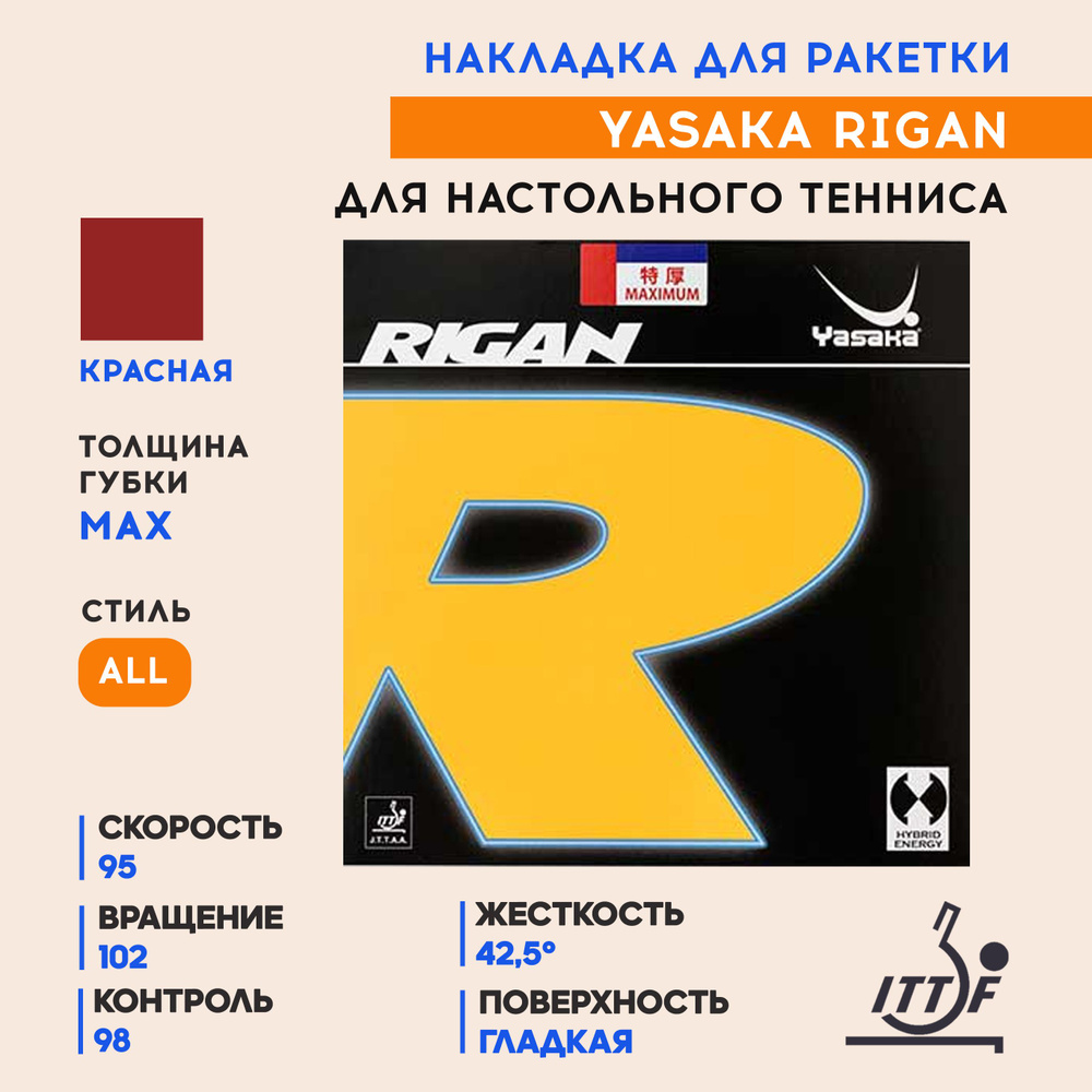 Накладка для ракетки настольного тенниса Rigan (цвет красный, толщина max)  #1