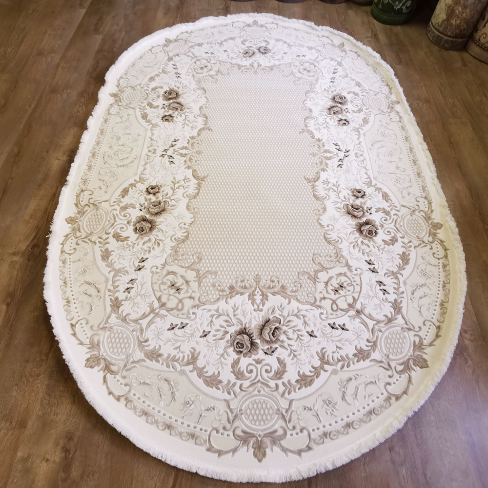 Ekocarpet Ковер Livana 2690A из акрила и хлопка, кремовый, с винтажным узором, овальный, на пол в спальню #1