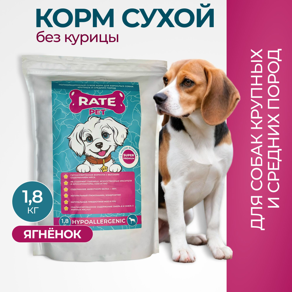 Гипоаллергенный сухой корм для собак крупных и средних пород Rate Pet, 1,8 кг  #1