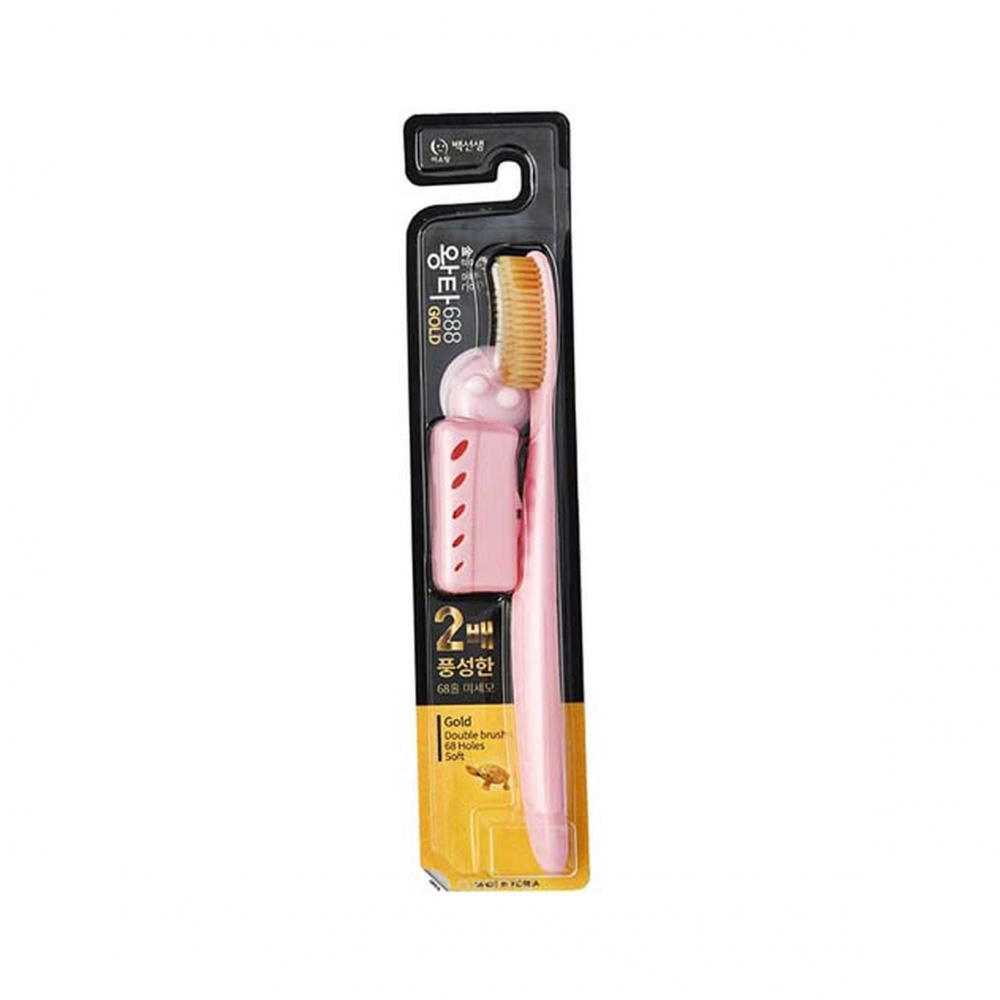 Корейская Зубная щетка средней жесткости Wang Ta широкая, с колпачком и держателем. Цвет розовый. Серия #1