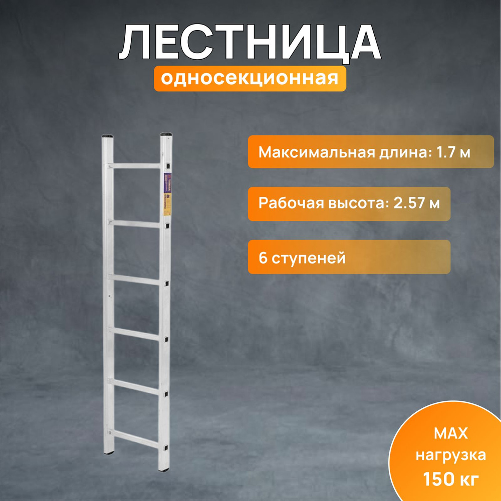 Лестница ТУНДРА, алюминиевая, односекционная, приставная, 6 ступеней, 1680 мм  #1