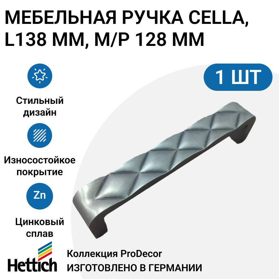 Мебельная ручка HETTICH серия Cella Германия, длина 138 мм, цвет олово  #1