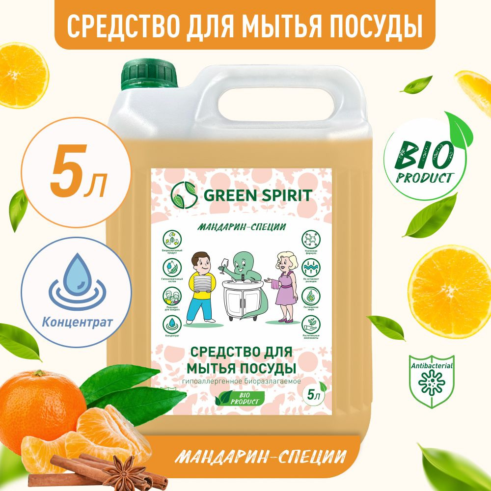 GREEN SPIRIT, Средство для мытья посуды с ароматом Мандарин-специи, 5 литров  #1