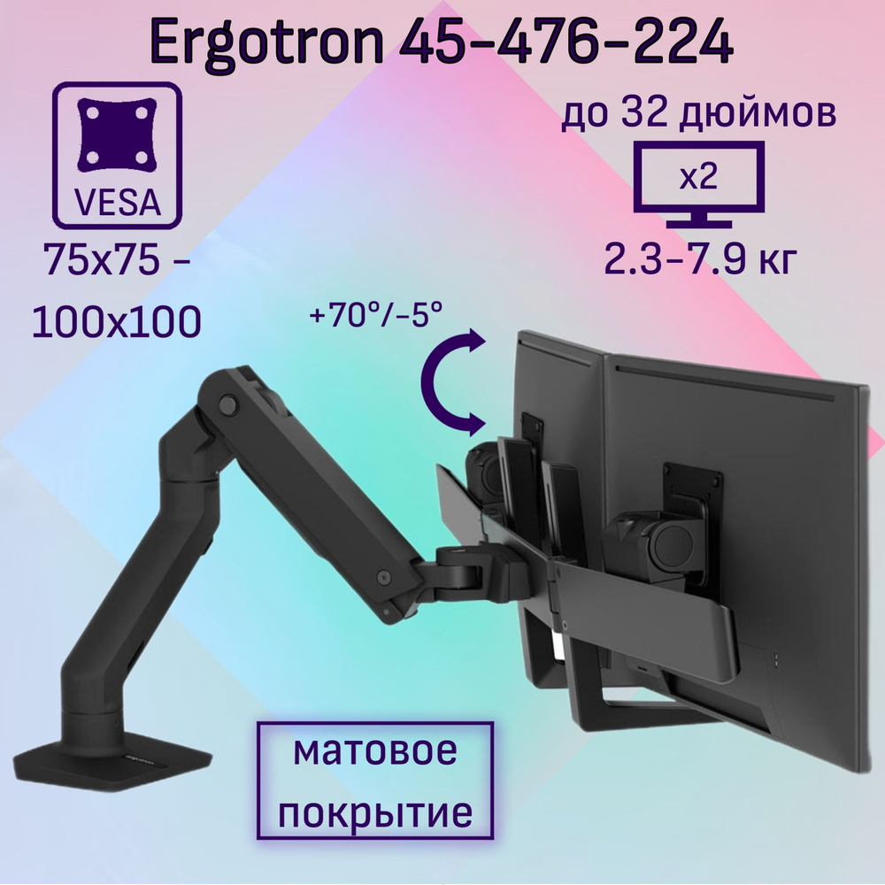 Двойной настольный кронштейн Ergotron 45-476-224 HX Desk Mount Dual Monitor Arm для мониторов до 32" #1