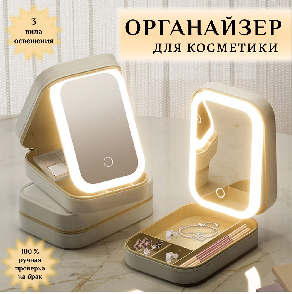 Дорожная косметичка с зеркалом и подсветкой, мобильный органайзер для косметики c LED-зеркалом  #1