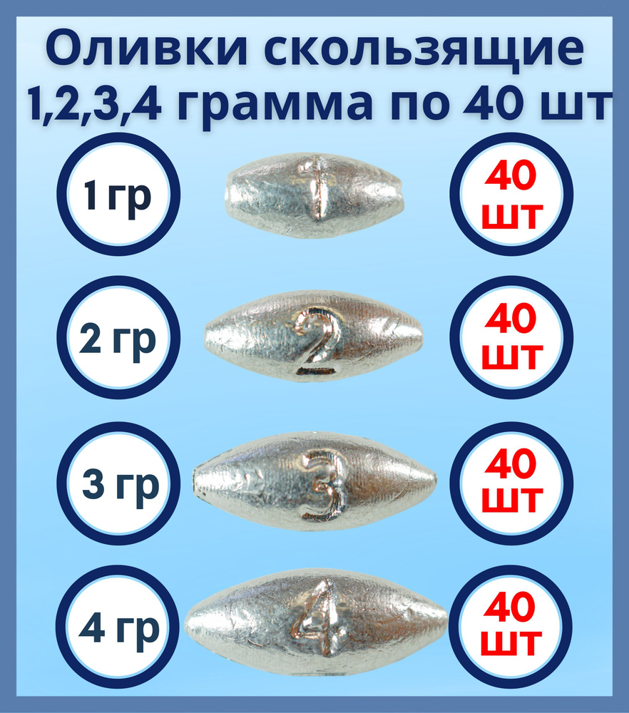 Набор грузил Оливка скользящая 1,2,3,4 грамма по 40 шт #1