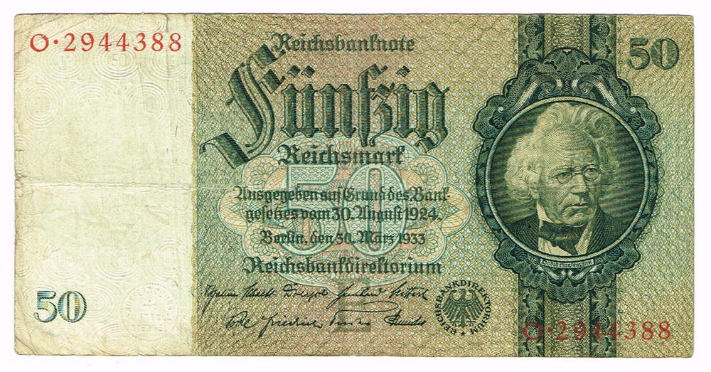 Банкнота 50 рейхсмарок 30 марта 1933 г. O 2944388 Рейхсбанкнота Германии VF  #1