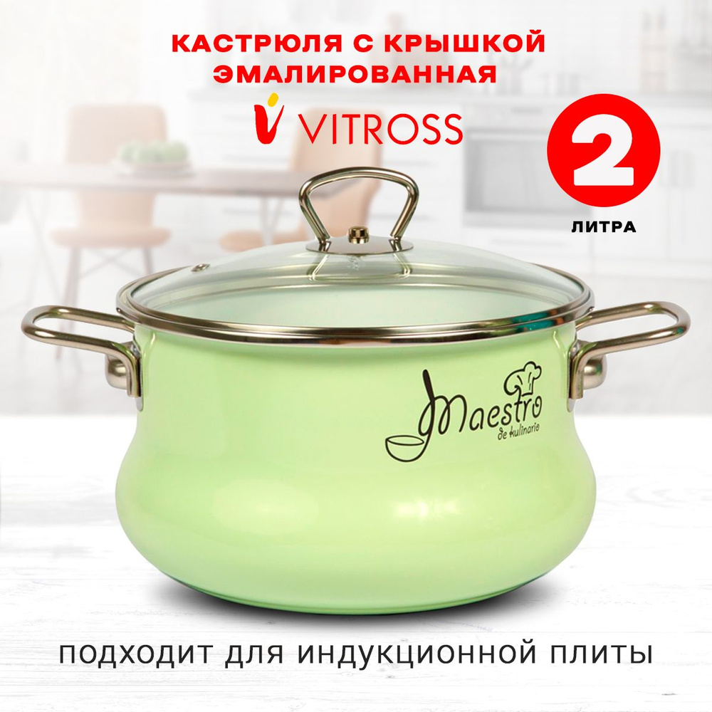 Кастрюля Vitross Maestro эмалированная с крышкой, салатовая, 2л, для индукции  #1