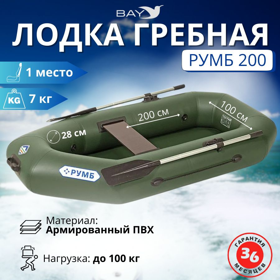 Лодка ПВХ гребная Румб 200 (Зеленый), надувная для рыбалки, сварной шов,1-местная, одноместная, большая, #1