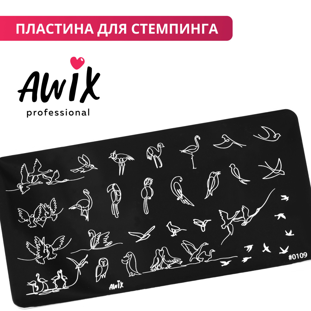 Awix, Пластина для стемпинга 109, металлический трафарет для ногтей с птицами, с тонкими линиями  #1