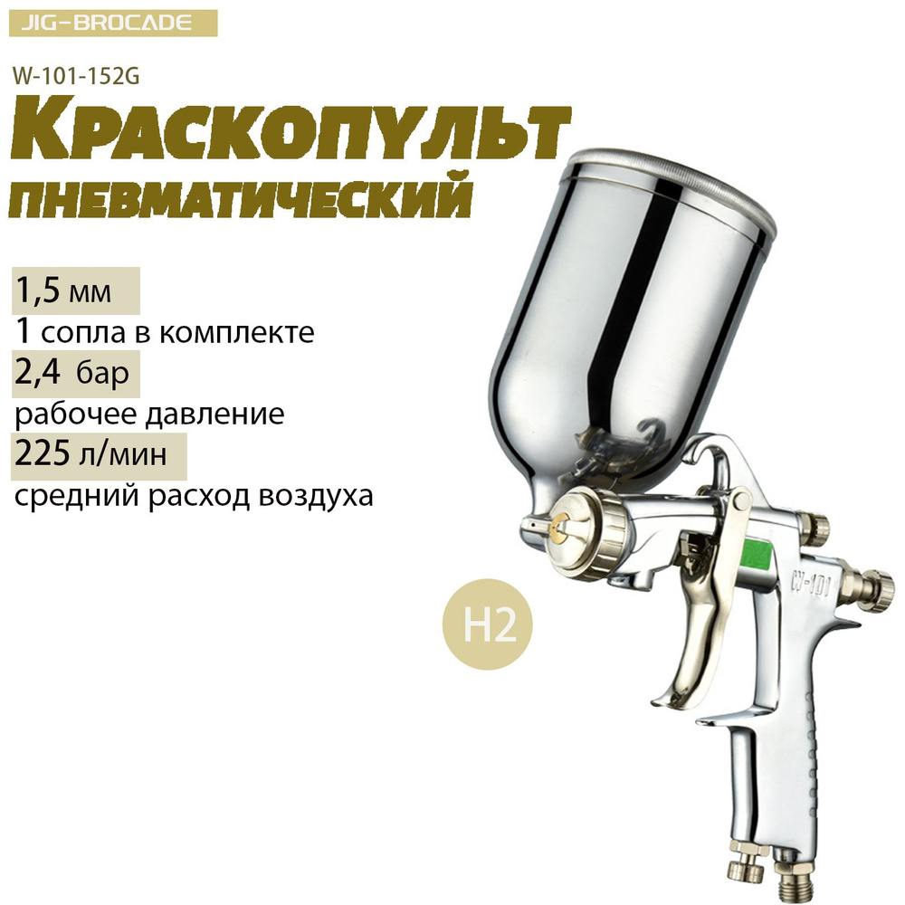 Краскопульт для компрессора Jig-Brocade W-101-152G , HVLP, сопла 1,5 мм, H2, верхний бачок 0,4 л  #1