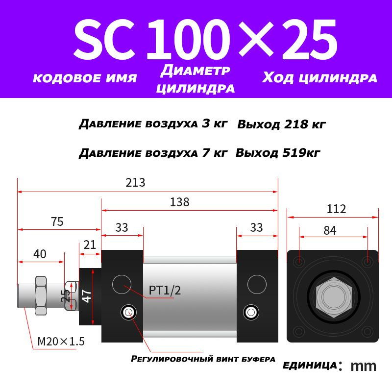 Пневмоцилиндр, SC100X25,ход поршня 25 мм,D100 #1