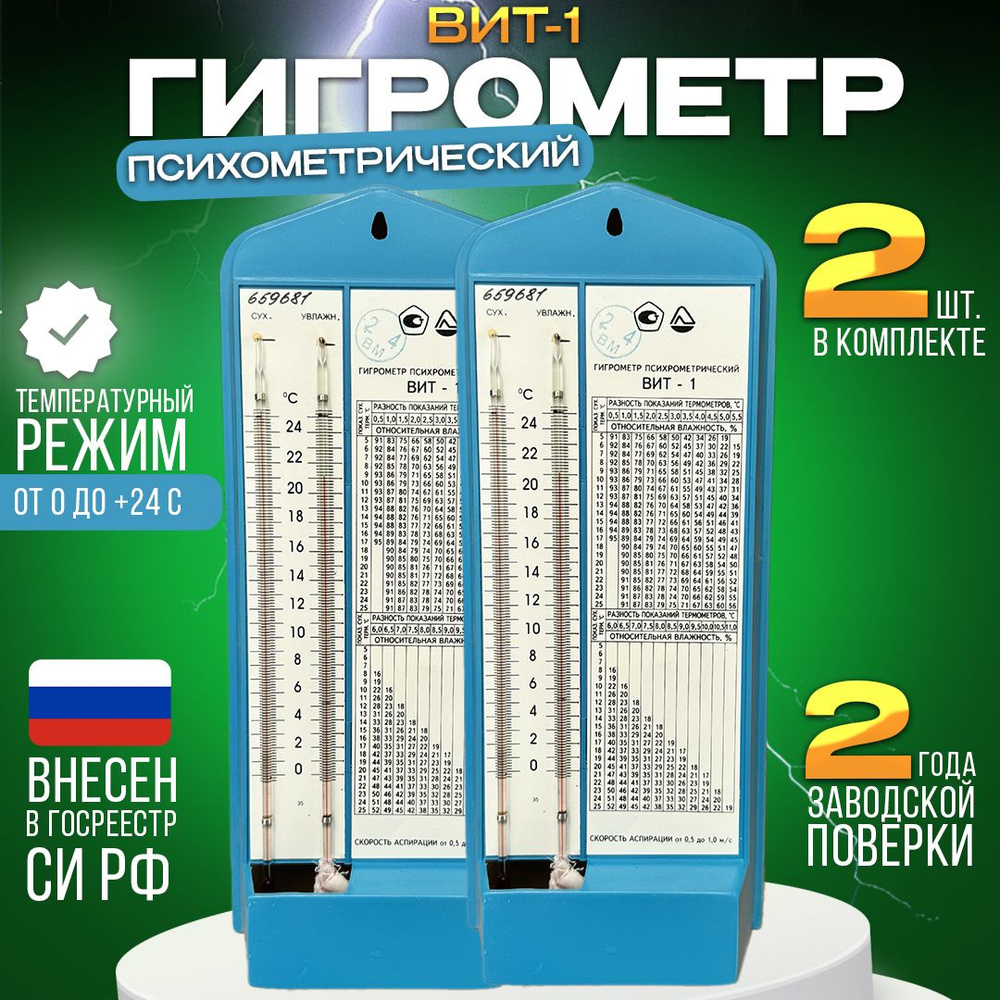 Гигрометр психрометрический ВИТ-1 (от 0 до +24) с поверкой РФ на 2 года, 2 шт.  #1