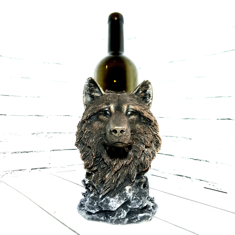 Держатель для бутылок интерьерный "Волк 2" 13*11*18см, бронза/серебро, материал полистоун.  #1