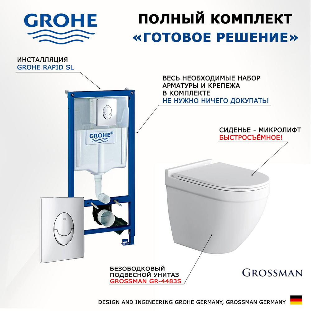 Комплект 3 в 1 инсталляция Grohe Rapid SL + Унитаз подвесной GR-4483S + кнопка Skate Air  #1