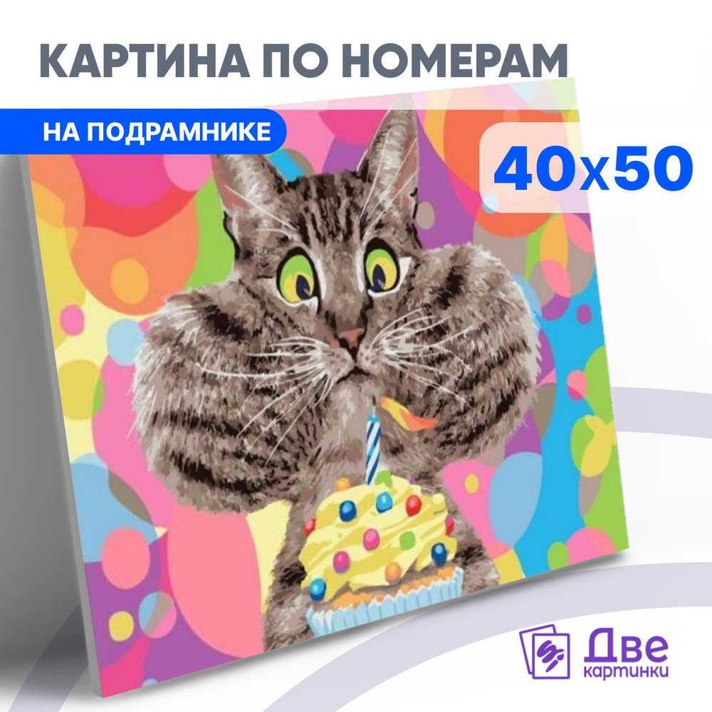 Картина по номерам на холсте 40х50 40 x 50 на подрамнике "Котик празднует свой день рождения" DVEKARTINKI #1