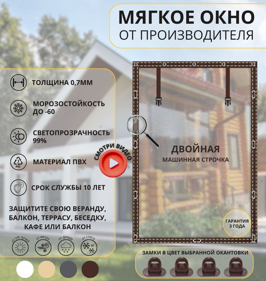 Мягкое Окно (ПВХ) - 150*125 НА ЗАМКАХ (прозрачное стекло, коричневая окантовка)  #1